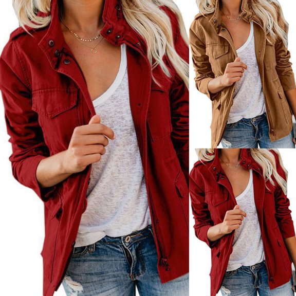 Womens Utility Safari Jacket Fall Stand Collar Zip Up Snap Buttons Coats Military Jackets Outwear Red XXL