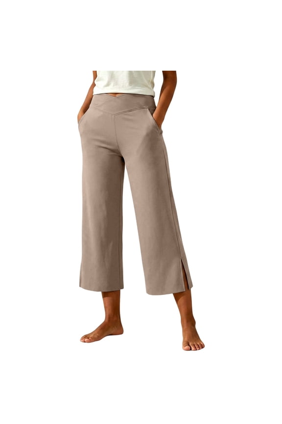 Womens V Cross High Waisted Cropped Pants Summer Wide Leg Trousers Casual Yoga Pants Ankle Pants with Side Slit for Daily Wear,Khaki,M