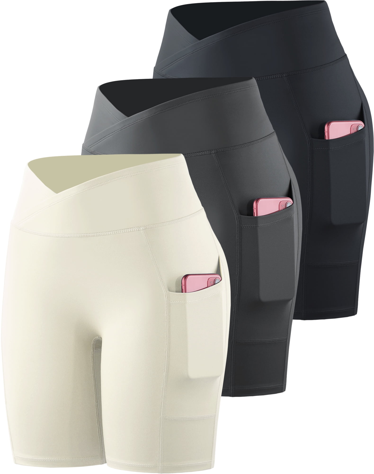 Womens V Cross Waist Athletic Bike Shorts for Yoga with Pockets,Black