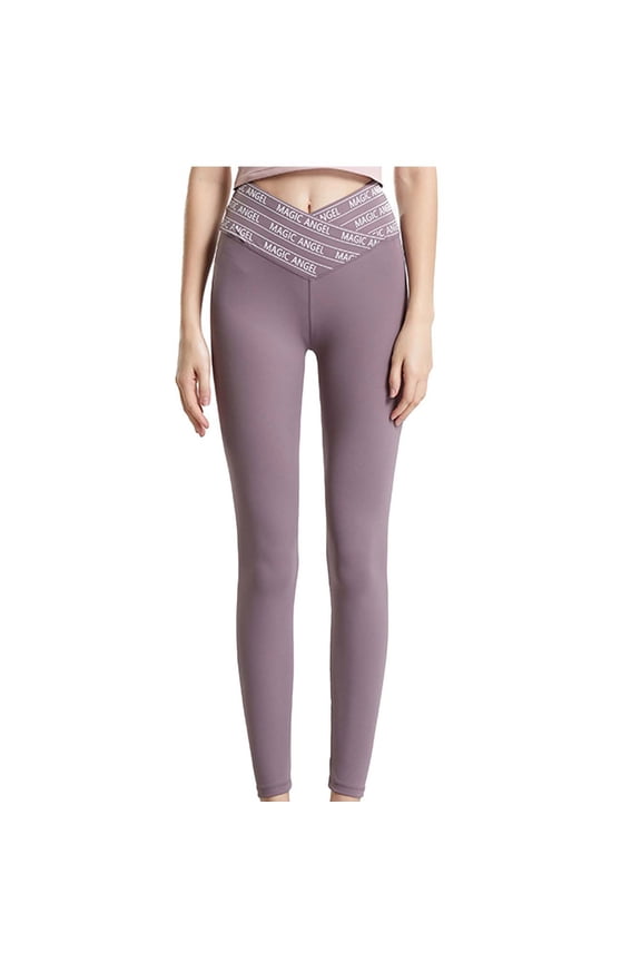 Womens V Crossover Leggings Soft Full Length Leggings High Waist Ankle Length Leggings Pants Tights Tummy Control Elastic Waist Yoga Pants Lifting Letter Print Workout Tights