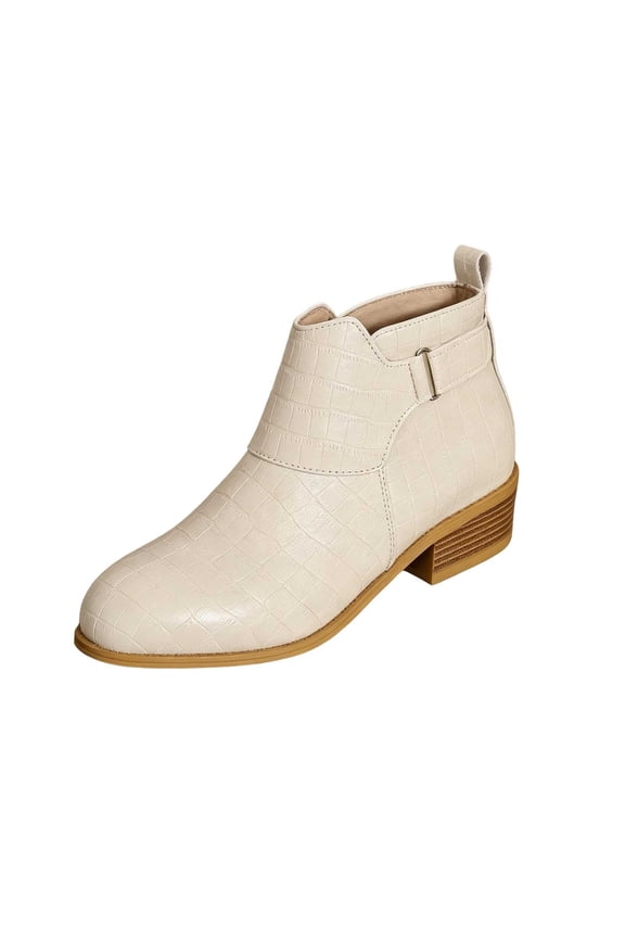 Womens V Cut Collar Embossed Ankle Chelsea Boots, Side Metal Buckle Low Stack Block Heel Faux Leather Short Booties White 5.5(36)