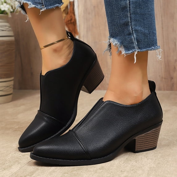Womens V Cut Low Heel Ankle Boots Pointed Toe Leather Chunky Block Slip On Elegant Fashion Western Bootie Lightweight Comfortable Daily Wear Office Work Dressy Casual Party,Black 6