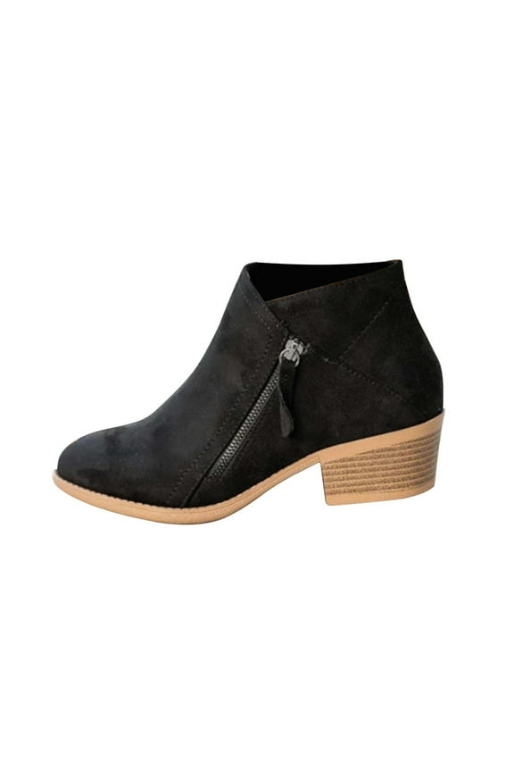 Womens V Cutout Ankle Boots Pointed Toe Chunky Stacked Heel Booties Zip Up Western Boots Shoes Low Heel Pull On Short Western Boots Black Women Sandal