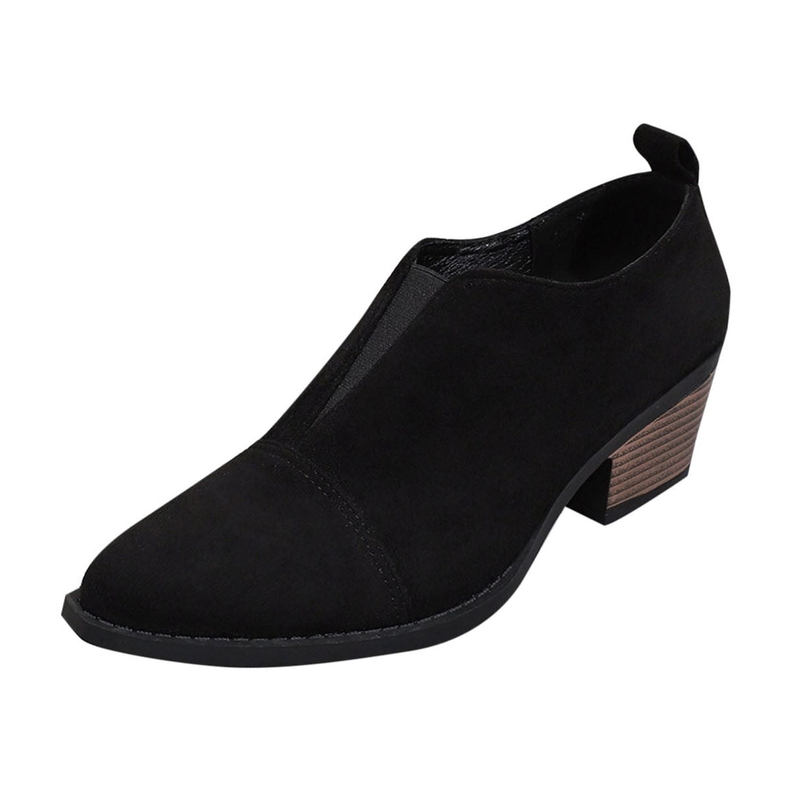 Womens V Cutout Ankle Boots Pointed Toe Chunky Stacked Heel