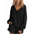 thumbnail image 1 of Womens V Neck 2 Piece Outfits Casual Loose Fit Long Sleeve Top and High Waisted Shorts Lounge Sets Black XL, 1 of 6