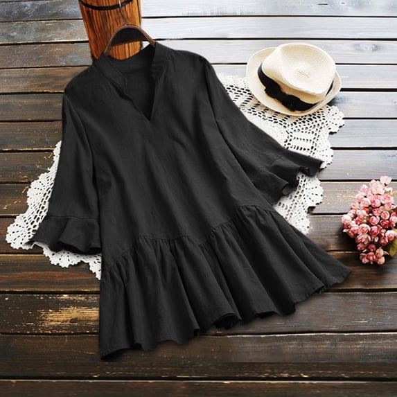Womens V Neck 3/4 Length Soft Long Shirt Dress Ruffle Hem Cotton Tunic Top Black XXXXL