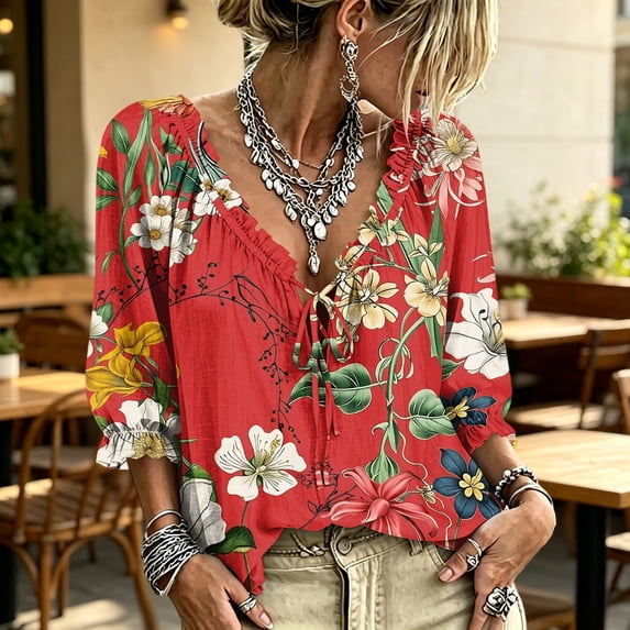 Womens V Neck 3/4 Sleeve Bohemian Casual Blouses Boho V Neck Lace Shirt Trendy Blouses Drawstring Ruffle 3/4 Sleeve Summer Casual Flowy Tops