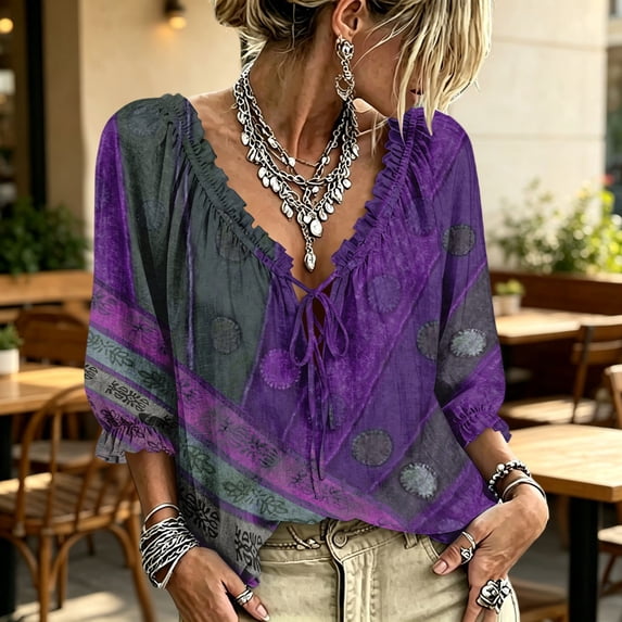 Womens V Neck 3/4 Sleeve Bohemian Casual Blouses Summer Casual Loose Flowy Tops Shirts Ruffle Trim Casual Loose Flowy Dressy Shirts