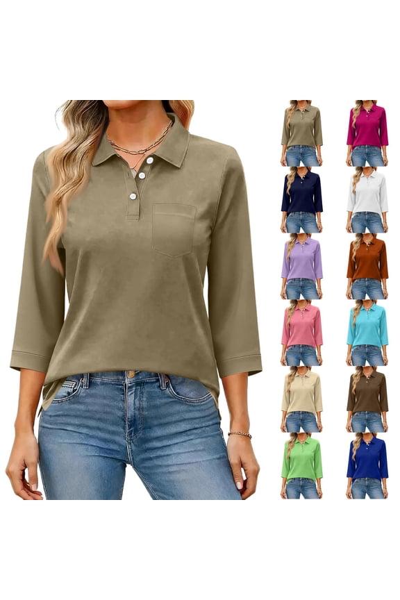 Womens V Neck 3/4 Sleeve Casual Polo Shirts Collared Button Down Summer Tops Basic Tennis Business T-Shirt Ginger XL
