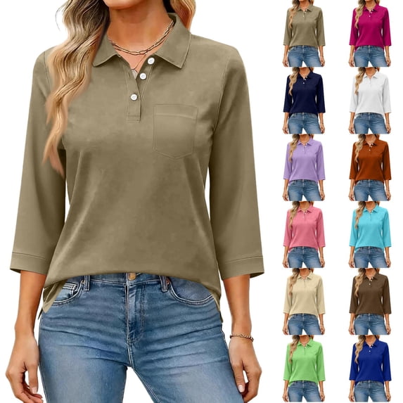 Womens V Neck 3/4 Sleeve Casual Polo Shirts Collared Button Down Summer Tops Basic Tennis Business T-Shirt Green L