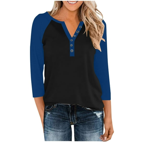 Womens V Neck 3/4 Sleeve T-Shirts Color Block Casual Basic Tees Tops Raglan sleeve Loose Fit Pullover Blouses