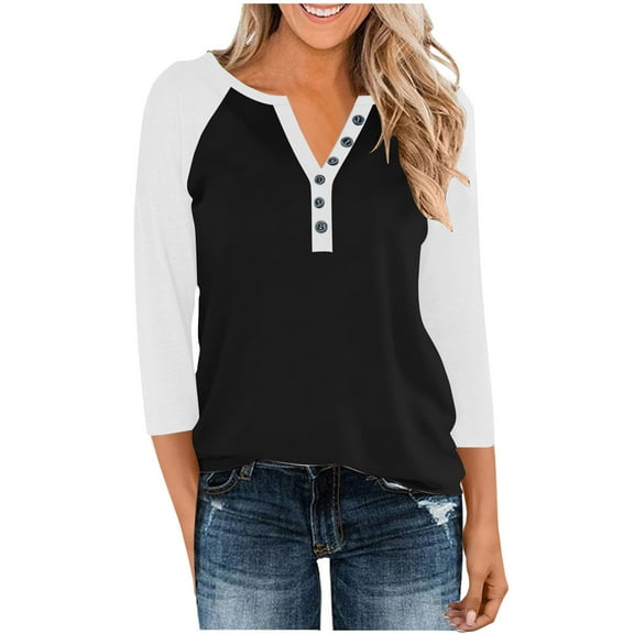 Womens V Neck 3/4 Sleeve T-Shirts Color Block Casual Basic Tees Tops Raglan sleeve Loose Fit Pullover Blouses