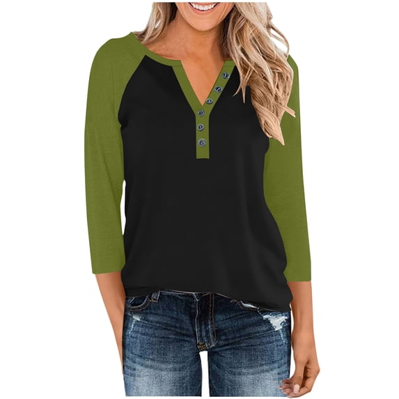 Womens V Neck 3/4 Sleeve T-Shirts Color Block Casual Basic Tees Tops Raglan sleeve Loose Fit Pullover Blouses