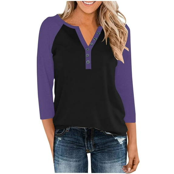 Womens V Neck 3/4 Sleeve T-Shirts Color Block Casual Basic Tees Tops Raglan sleeve Loose Fit Pullover Blouses