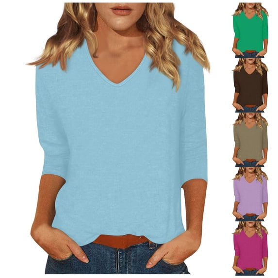 Womens V Neck 3/4 Sleeve T Shirts Loose Fit Shirts Casual Basic Top | Simple Old Money Style Fashion Clothes Multiple Colors Brown L