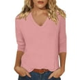 thumbnail image 1 of Womens V Neck 3/4 Sleeve T-Shirts Summer Trendy Solid Color Casual Basic Tees 2025 Y2k Casual Dressy Pullover Blouses Tops Pink L, 1 of 4