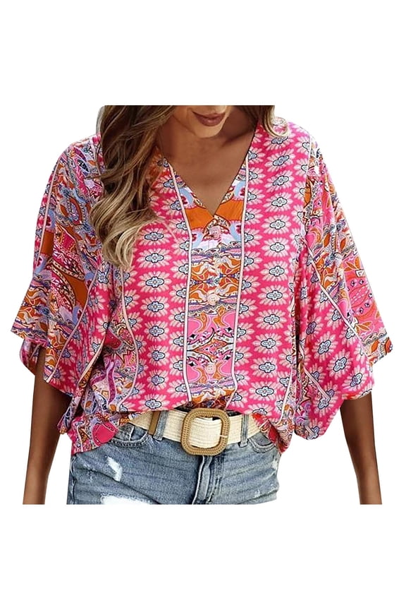 Womens V Neck 3/4 Sleeve Tops Bohemian Printed Mexican Peasant Blouses Loose Casual Bell Sleeve Button Down Shirts