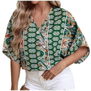 JSAIERL Womens V Neck 3/4 Sleeve Tops Bohemian Printed Mexican Peasant Blouses Loose Casual Bell Sleeve Button Down Shirts