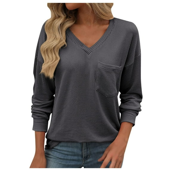 Womens V Neck Basic Top CottonLoose Top T Shirt Long Sleeve Casual Cotton T Shirt