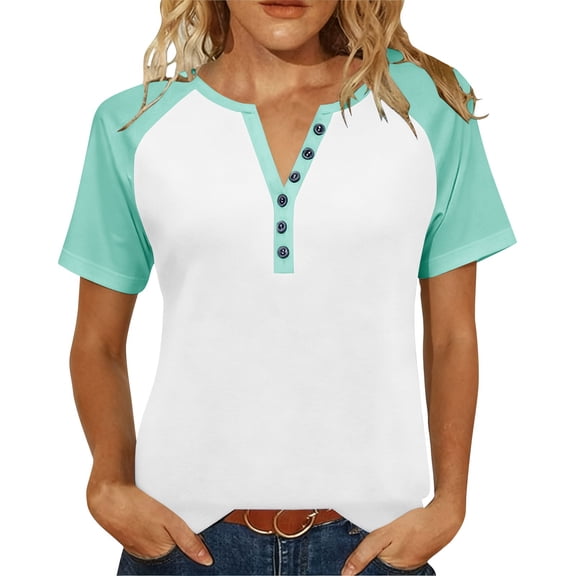 Womens V-Neck Basic Tops Color Block Tunic T-Shirts Summer Fashion Short Sleeve Casual Tees Shirts