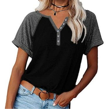 Womens V Neck Basic Tops Color Block Tunic T Shirts Summer Short Sleeve Casual Cotton Tees Shirts