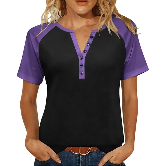Womens V Neck Basic Tops Comfy Short Sleeve Dressy Henley Shirt Trendy Casual Color Block Baseball Tunic T Shirts
