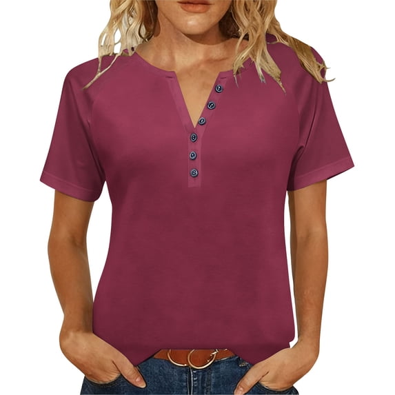 Womens V-Neck Basic Tops Solid Color Tunic T-Shirts Summer Short Sleeve Casual Cotton Tees