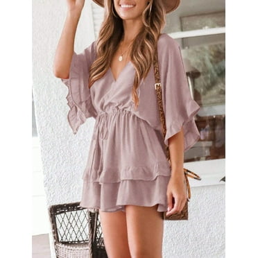 Womens V Neck Beach Romper Ruffle Layered Drawstring Waist Shorts Jumpsuit