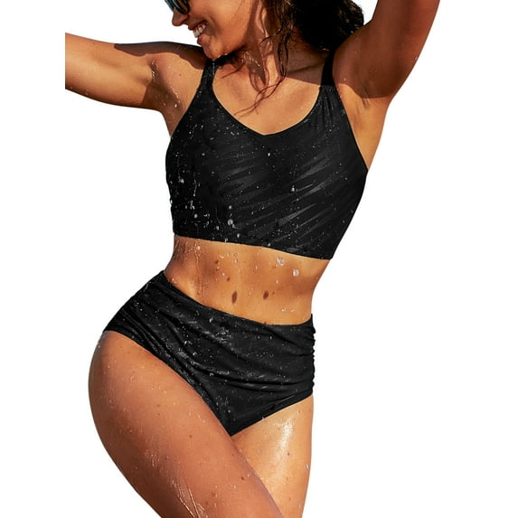 Womens V Neck Bikini Sets Tummy Control Two Piece Athletic Swimwear Ruched Swimsuit