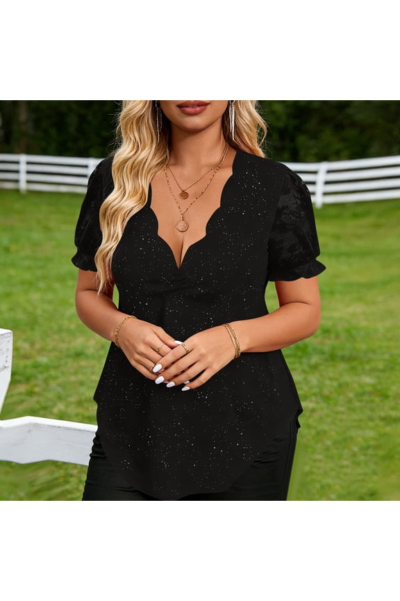 Womens V Neck Blouse Short Sleeve Puff Sleeve Dot Print Wrap Front Top Lightweight Black Plus Size S-5X,Size M