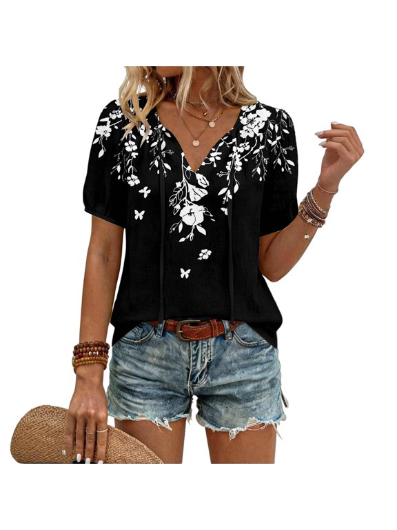 Womens V Neck Blouse Short Sleeve Tunic Top Loose Fit Boho Summer Pullover Shirt Vintage Floral Print Shirt Graphic Tee