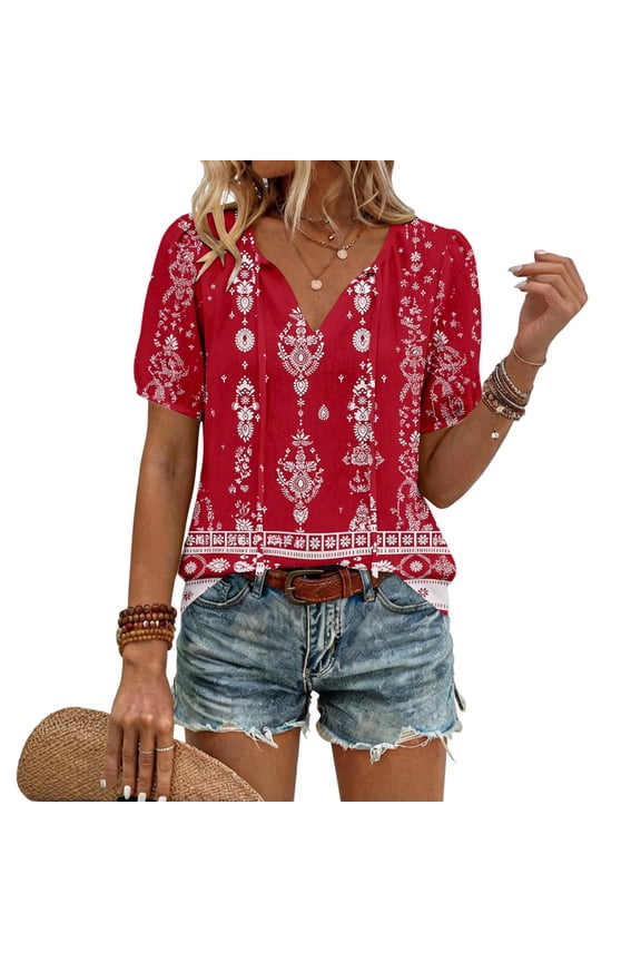 Womens V Neck Blouse Short Sleeve Tunic Top Loose Fit Boho Summer Pullover Shirt Vintage Floral Print Shirt Graphic Tee