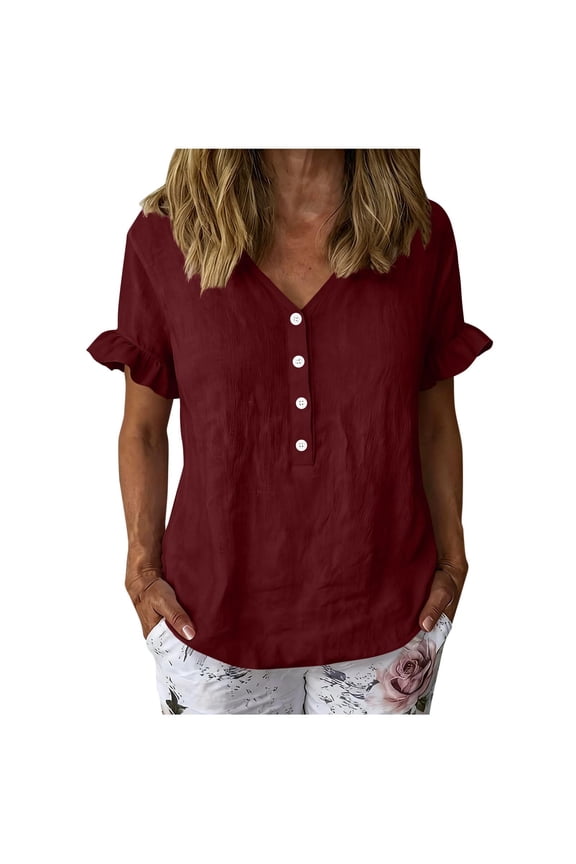 Womens V Neck Blouses Short Sleeve Button Front Ruffle Sleeve Loose Fit Shirts Summer Casual Tunic Tops