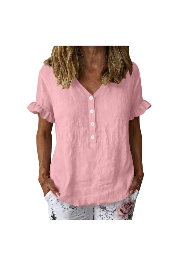 Womens V Neck Blouses Short Sleeve Button Front Ruffle Sleeve Loose Fit Shirts Summer Casual Tunic Tops