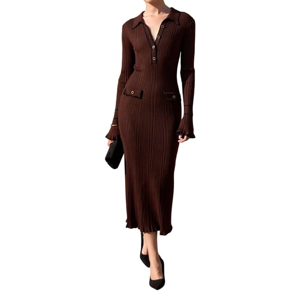 Womens V Neck Bodycon Sweater Dress Long Sleeve Half Button Slim Fitted Ruffle Ribbed Knit Maxi Pencil Dress Brown M