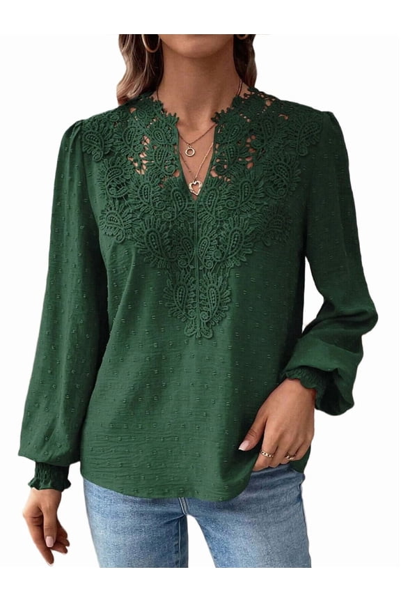 Womens V Neck Boho Long Sleeve Shirts Dot Chiffon Blouses Flowy Lace Crochet Clothing Casual Trendy Dark Green M