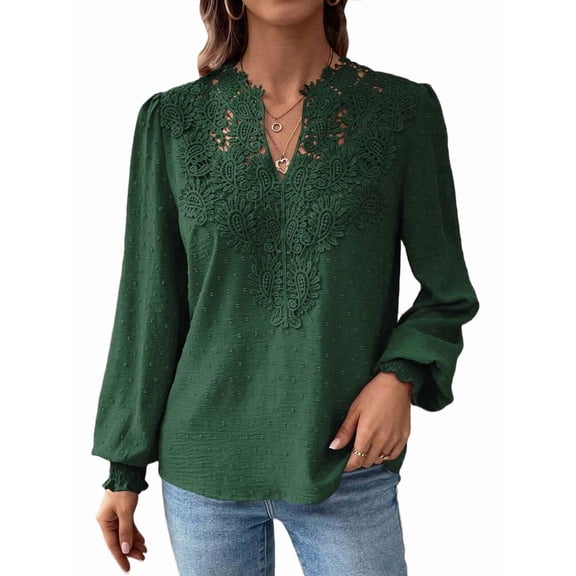Womens V Neck Boho Long Sleeve Shirts Dot Chiffon Blouses Flowy Lace Crochet Clothing Casual Trendy Dark Green XXL