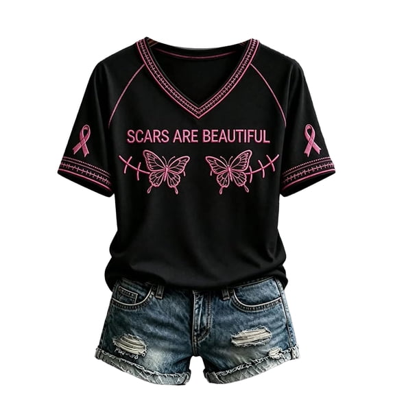 Womens V-Neck Breast Cancer Awareness Shirt Pink Ribbon Breast Cancer Short Sleeve Tee Scars Stitch Graphic Raglan Print Walk Support Tops