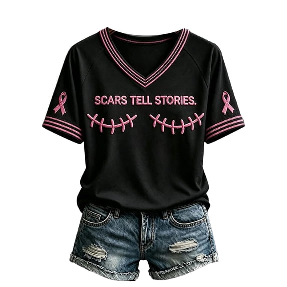 Womens V-Neck Breast Cancer Awareness Shirt Pink Ribbon Breast Cancer Short Sleeve Tee Scars Stitch Graphic Raglan Print Walk Support Tops