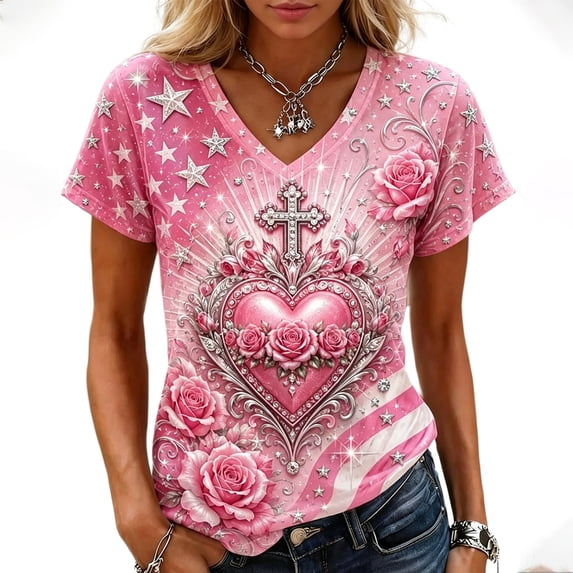 Womens V-Neck Breast Cancer Awareness T-Shirt Pink Ribbon Short Sleeve Shirts For Women Graphic Angel Wing Cross American Flag Tee