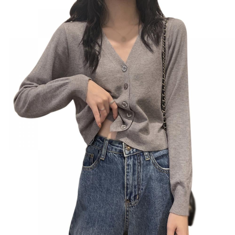 Womens V Neck Button Down Cropped Cardigans Chunky Cable Knit Long