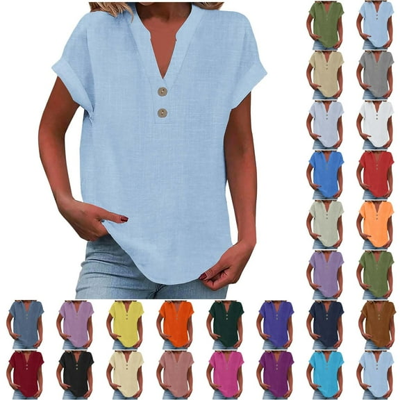 Womens V Neck Button Down Short Sleeve Shirt Casual Comfortable Stylish Blouse