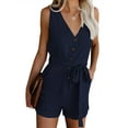 thumbnail image 1 of Womens V Neck Button Down Tank Romper Cotton Linen Short Pant Jumpsuit with Pocket, 1 of 5