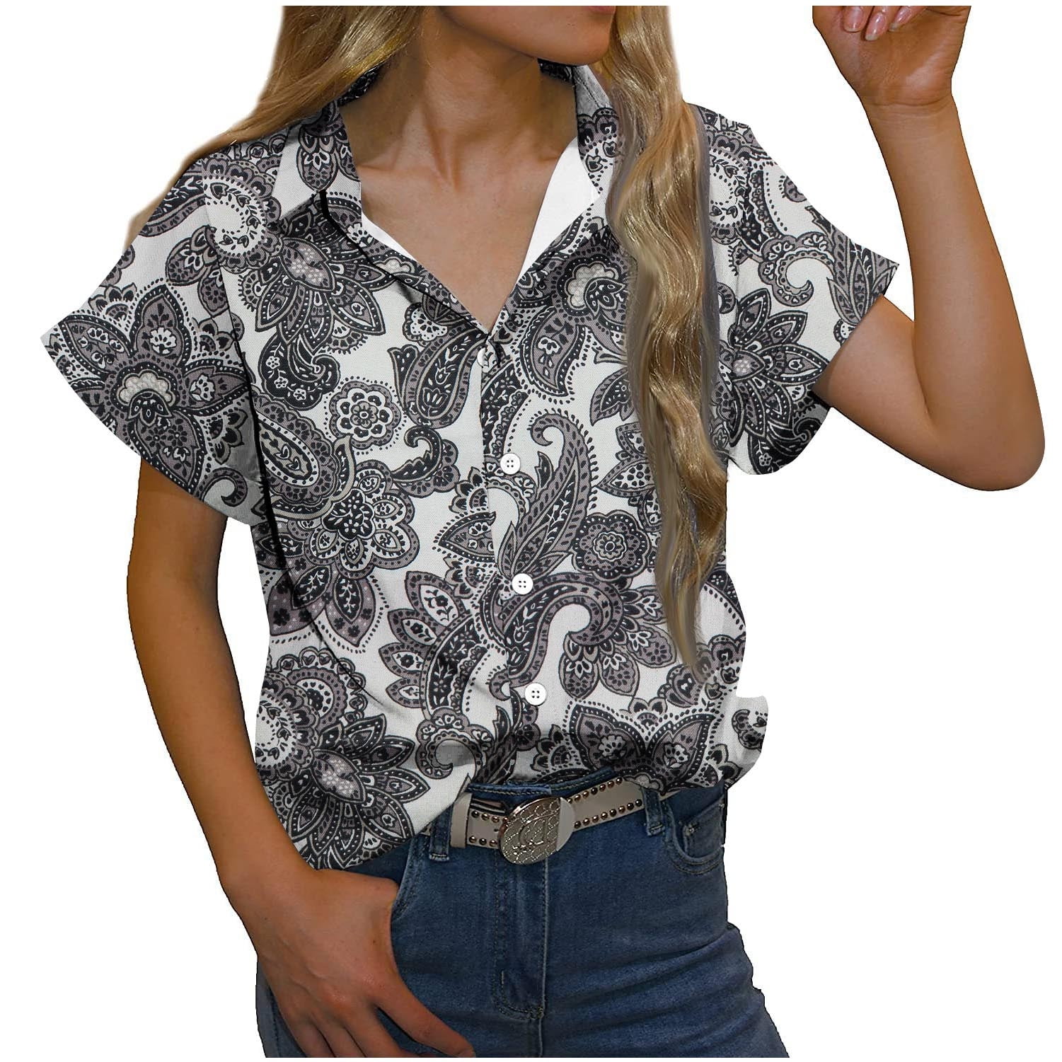 Womens V Neck Button Down Shirt Loose Casual Short Sleeve Collared ...