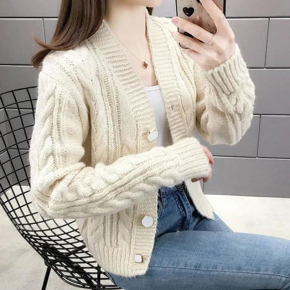 Womens V Neck Cable Knit Cardigan Button Front Long Sleeve Loose Cropped Sweater Outerwear