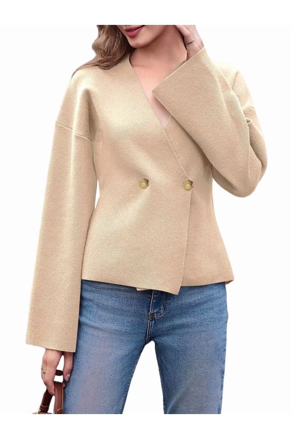 Womens V Neck Cardigan Long Bell Sleeve Button Down Open Front Loose Knit Fall Sweater Blazer Apricot L