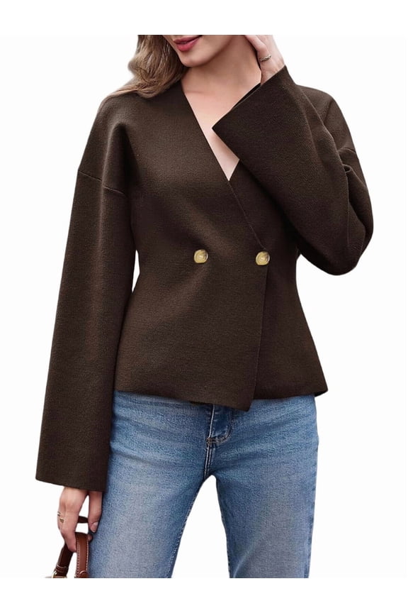 Womens V Neck Cardigan Long Bell Sleeve Button Down Open Front Loose Knit Fall Sweater Blazer Coffee S