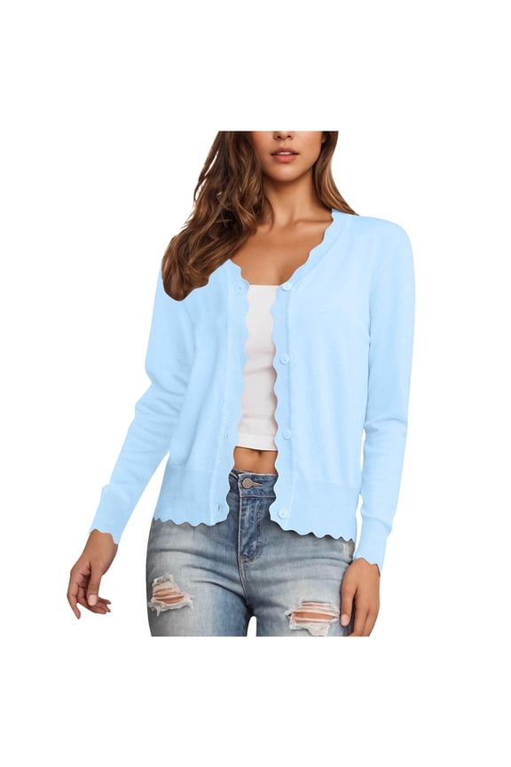 Womens V Neck Cardigan Long Sleeve Button Down Tops Lightweight Open Front Tees Scalloped Shrugs Sweater