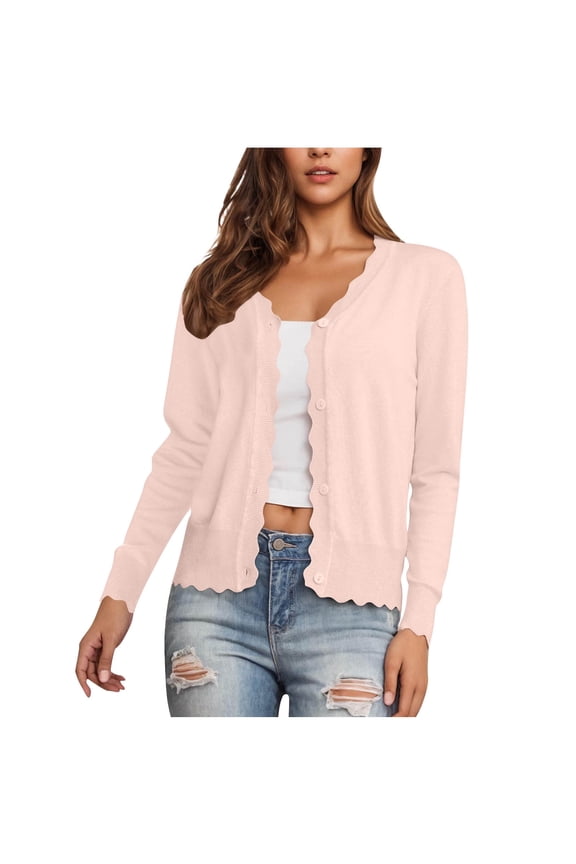 Womens V Neck Cardigan Long Sleeve Button Down Tops Lightweight Open Front Tees Scalloped Shrugs Sweater
