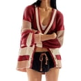 thumbnail image 1 of Womens V Neck Cardigan Sweaters Color Block Button Oversized Long Sleeve Open Front Knit Sweater Coats Brick Red M, 1 of 7